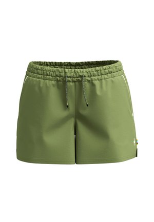 Elastic waistband shorts in olive green fabric, featuring a drawstring, side pockets, and a logo detail on the hem.