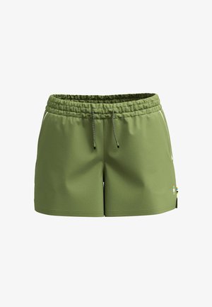 Elastic waistband shorts i olivengrøn stof, med snor i taljen, sidelommer og logo-detail på kanten.