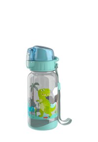 Transparente Plastik-Wasserflasche mit einem türkisfarbenen Boden und Deckel, verziert mit bunten Dinosaurier-Illustrationen und einem Tragegurt.