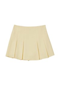 Gonna mini plissettata in giallo chiaro, realizzata in tessuto liscio. Presenta molteplici pieghe verticali e una cintura dritta per un look strutturato.