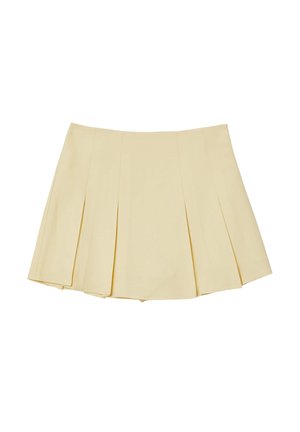 Gonna mini plissettata in giallo chiaro, realizzata in tessuto liscio. Presenta molteplici pieghe verticali e una cintura dritta per un look strutturato.