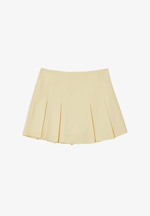 Gonna mini plissettata in giallo chiaro, realizzata in tessuto liscio. Presenta molteplici pieghe verticali e una cintura dritta per un look strutturato.