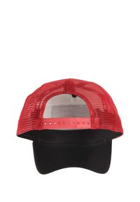 Red mesh-back cap with a black front. Features an adjustable snap closure and a curved visor. Mesh design provides ventilation.