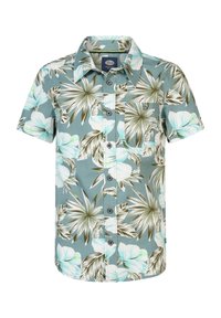Camicia a maniche corte con bottoni di un verde acqua chiaro, decorata con un motivo floreale bianco e verde. Presenta una tasca sul petto e un colletto classico.