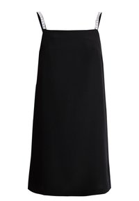 Schwarzes ärmelloses Kleid mit geradem Ausschnitt und weißen dünnen Trägern, das mit einem wiederholten "CK"-Logo-Muster versehen ist.