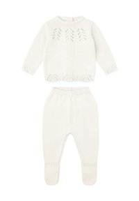 Conjunto para bebé de suéter tejido color crema y pantalones con pies, con detalles de encaje con patrón de hojas en los puños y el dobladillo.