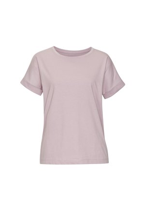 Lilac short-sleeve T-shirt made of soft cotton, featuring a round neckline and rolled cuffs, with a smooth texture and casual fit.