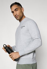 Gray sweatshirt with long sleeves, ribbed cuffs, and logo detail. The model holds a black water bottle with a handle. Background is plain.