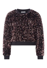 Juodai ir rožiniu auksu siuvinėta trumpa džemperis su ilgomis rankovėmis, supjaustyta kaklo ir rankogaliais, su tekstūruotu paviršiumi, padengtu persidengiančiomis siūlėmis.