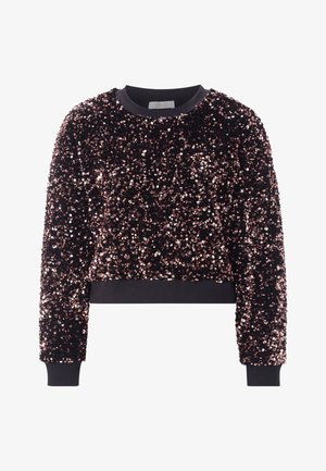 Melna un rozā zelta krāsas sekvīniem izšūta cropped džempera, ar garām piedurknēm un ribotu apkakli un aprocēm, kuram ir teksturēta virsma ar pārklājošiem sekvīniem.