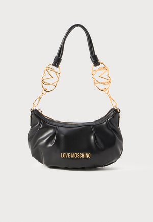 Black pleated handbag with a zip closure, featuring a gold chain strap with logo accents and a smooth, shiny texture.
