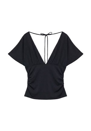 PULL&BEAR, V-NECK - GATHERED TOP - T-shirt imprimé - black