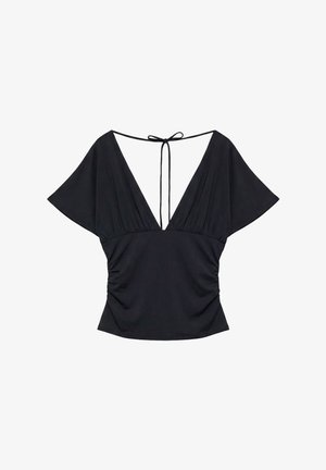 PULL&BEAR, V-NECK - GATHERED TOP - T-shirt imprimé - black