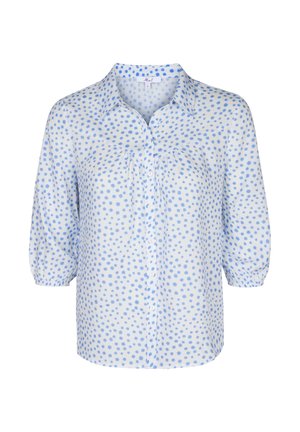 Lichtblauwe blouse met een stippenpatroon, knoopsluiting aan de voorkant, kraaghalslijn en 3/4 mouwen met elastische manchetten.