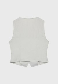 Sleeveless vest in light gray fabric, featuring a rounded neckline, angled sides, and a vented back with overlapping hem.