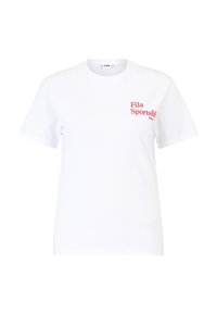 Valkoinen puuvillapaita, jossa on pyöreä kaula-aukko ja vasemmassa rinnassa punainen "Fila Sportslip" -logo. Paidassa on lyhyet hihat ja rento istuvuus.