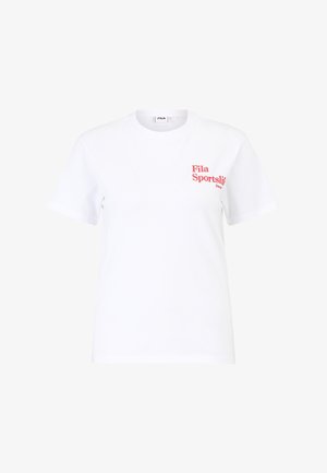 Biała bawełniana koszulka z okrągłym dekoltem, z czerwonym logo "Fila Sportslip" na lewej piersi, krótkimi rękawami i luźnym krojem.