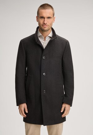 Dark gray wool coat with a high collar, four buttons, and two side pockets; textured fabric and structured silhouette.