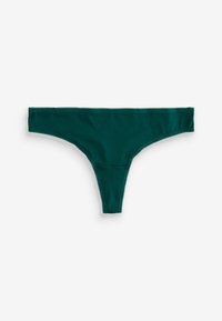 Des sous-vêtements en thong teal en tissu lisse, avec une taille étroite et un délicat biais picot le long des bords pour un détail supplémentaire.