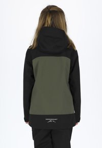 Green and black waterproof jacket with a hood, featureless back, two-tone design, and a logo on the lower hem. Made from durable fabric.