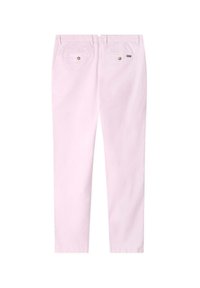 Lichtroze katoenen broek met rechte pijpen, twee achterzakken met knopen en een klein logo op de tailleband.