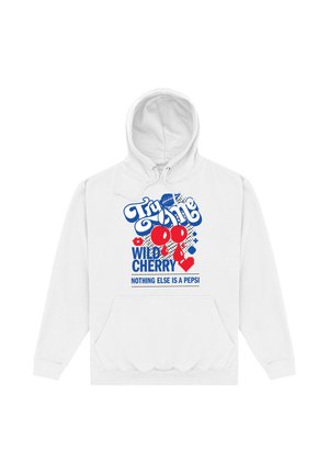 Weißer Kapuzenpullover mit einem blauen und roten Grafiktext-Design, einschließlich Kirschen und dem Spruch "Wild Cherry" sowie Pepsi-Branding.