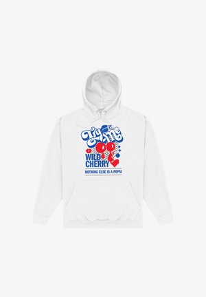 Felpa bianca con cappuccio caratterizzata da un design grafico in blu e rosso, che include ciliegie e la frase "Wild Cherry" insieme al marchio Pepsi.