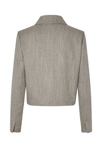 Textured herringbone jacket in light gray, featuring a wide collar and long sleeves, cropped cut with a straight hemline.