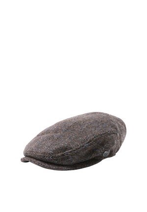 Flache Tweed-Schiebermütze mit Fischgrätmuster in Braun-, Grau- und Blautönen, mit kleinem rundem Metall-Logo-Knopf an der Seite.