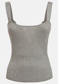 Top a canotta grigio, a costine, con spalline larghe, silhouette aderente e una leggera lucentezza. Realizzato in un materiale elasticizzato.
