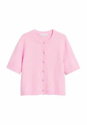 Kurzärmelige rosa Strickjacke aus weichem Material mit rundem Ausschnitt, Knopfleiste vorne und gerippten Akzenten an Ärmeln und Saum.