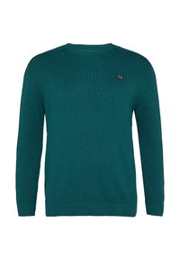 Donkerblauwe gebreide trui met lange mouwen, ronde hals en een klein logo-opdruk op de borst. Heeft ribgebreide manchetten en zoom.