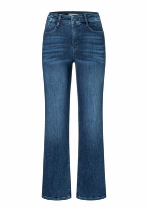 Jean bleu taille haute pour femmes avec bouton frontal et fermeture éclair, léger effet usé sur le haut des cuisses, coupe droite.