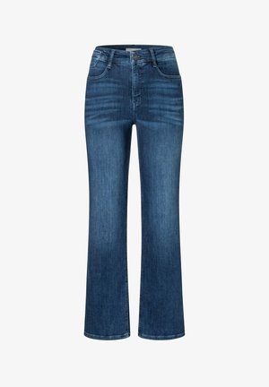 Jean bleu taille haute pour femmes avec bouton frontal et fermeture éclair, léger effet usé sur le haut des cuisses, coupe droite.