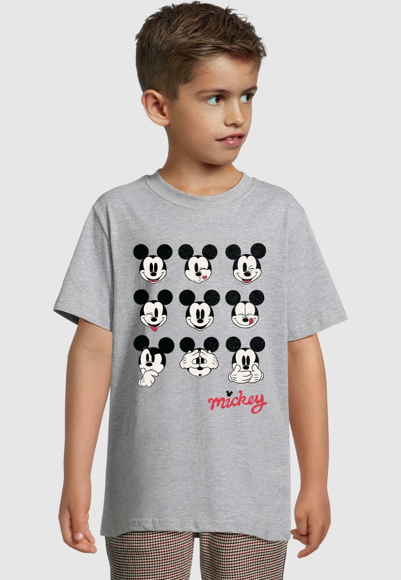 Gray cotton t-shirt featuring nine Mickey Mouse head designs in black and white, with red text spelling "mickey" at the bottom.