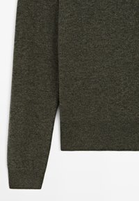 Pull à manches longues vert olive foncé avec poignets et ourlet côtelés, fabriqué en tissu tricoté doux.