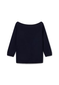 Suéter azul marino con escote off-the-shoulder, mangas largas y puños acanalados. Hecho de una tela suave y texturizada.
