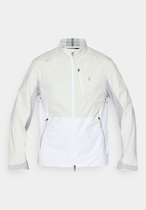 Lightweight jacket in off-white and light gray, featuring a zip front, high collar, diagonal color-blocking, and multiple zippered pockets.