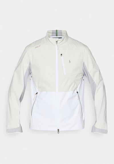Lightweight jacket in off-white and light gray, featuring a zip front, high collar, diagonal color-blocking, and multiple zippered pockets.