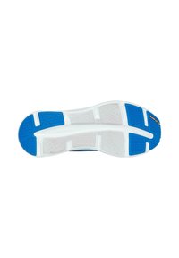 Suola di scarpa da tennis blu e bianca con sezioni di gomma testurizzata per grip e un'intermedia bianca liscia con dettagli in rilievo.