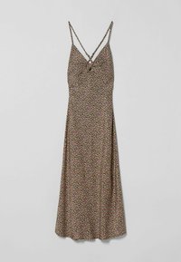 Czarna, bezrękawnikowa sukienka midi w mały różowy, żółty i biały kwiatowy wzór, z cienkimi skrzyżowanymi ramiączkami i dopasowanym gorsetem.