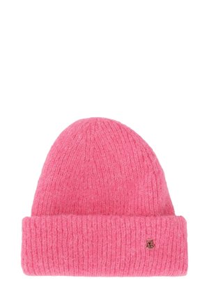 Pink knitted beanie hat with a ribbed texture, featuring a folded cuff and a small logo on the side. Made from soft wool material.