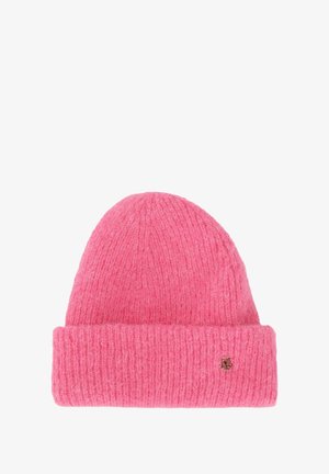 Bonnet en tricot rose avec une texture côtelée, comportant un revers et un petit logo sur le côté. Fabriqué en matériau en laine douce.