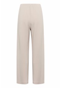 Pantalons larges beige clair avec une ceinture élastique. Tissu lisse sans poches visibles ni accents supplémentaires.