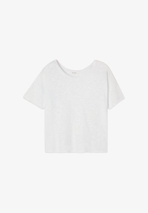 T-shirt blanc uni à manches courtes et coupe courte avec un col rond, présenté sur un fond blanc.