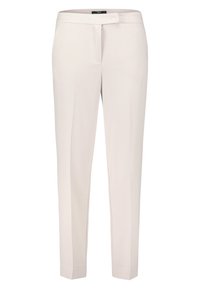 Pantalons beige clair avec une texture lisse, une taille ajustée et des jambes droites, présentant un devant plat et des poches latérales.