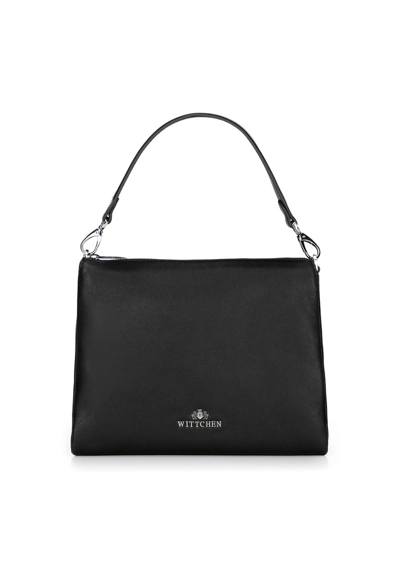 Borsa a mano in pelle nera con una texture liscia, forma rettangolare, manico corto e accessori in argento con il nome del marchio "WITTCHEN".