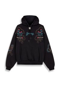 Sudadera negra con coloridos bordados de cactus y flores, capucha con cordón, bolsillo frontal y dobladillo acanalado. El texto dice "Grimey."
