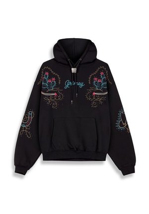Black hoodie featuring colorful embroidery of cacti and flowers, drawstring hood, front pocket, and ribbed hem. Text reads "Grimey."