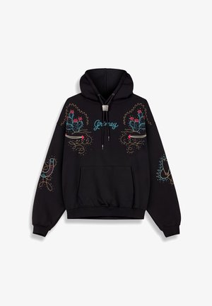 Schwarzer Hoodie mit buntem Stickdesign von Kakteen und Blumen, Kapuze mit Kordelzug, Fronttasche und geripptem Saum. Der Text lautet "Grimey."